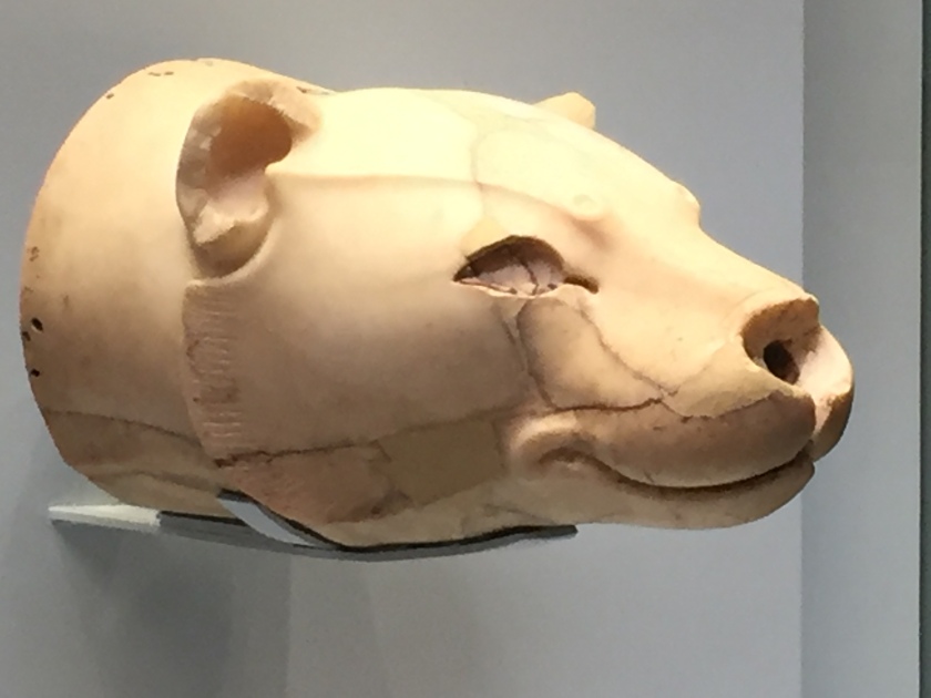 Head of a lioness made of alabaster. It used to have eyes of Amber and a Rose Quartz nose.